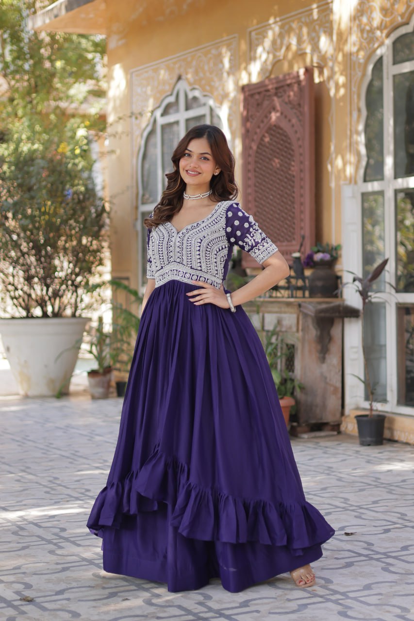 Celebrity Style Navy Blue Color Star Georgette With Embroidery Beads Sequins Work Kurti With Lehenga