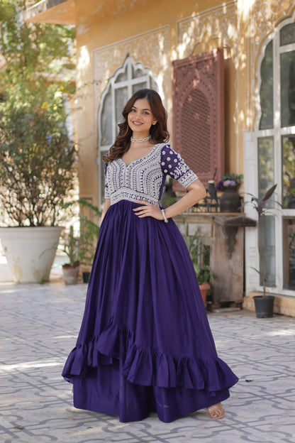 Celebrity Style Navy Blue Color Star Georgette With Embroidery Beads Sequins Work Kurti With Lehenga