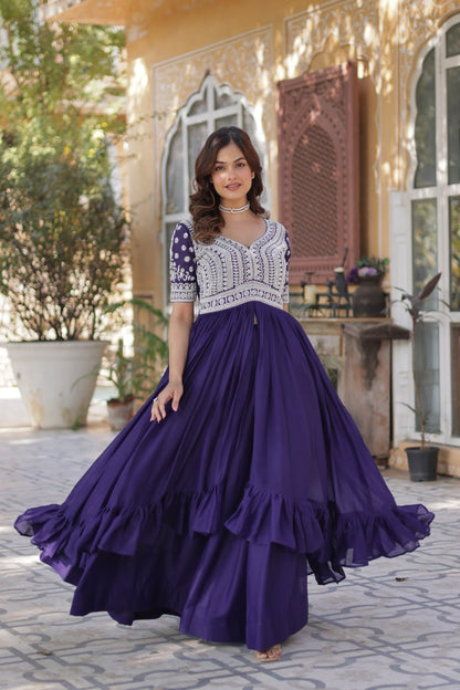 Celebrity Style Navy Blue Color Star Georgette With Embroidery Beads Sequins Work Kurti With Lehenga