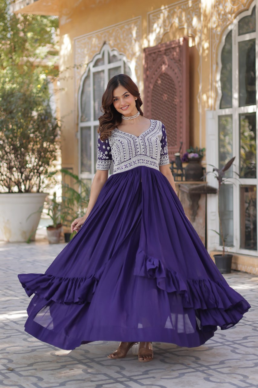 Celebrity Style Navy Blue Color Star Georgette With Embroidery Beads Sequins Work Kurti With Lehenga