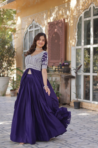 Celebrity Style Navy Blue Color Star Georgette With Embroidery Beads Sequins Work Kurti With Lehenga