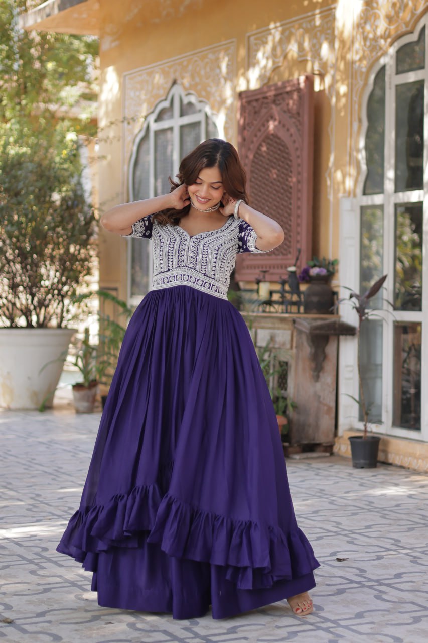 Celebrity Style Navy Blue Color Star Georgette With Embroidery Beads Sequins Work Kurti With Lehenga