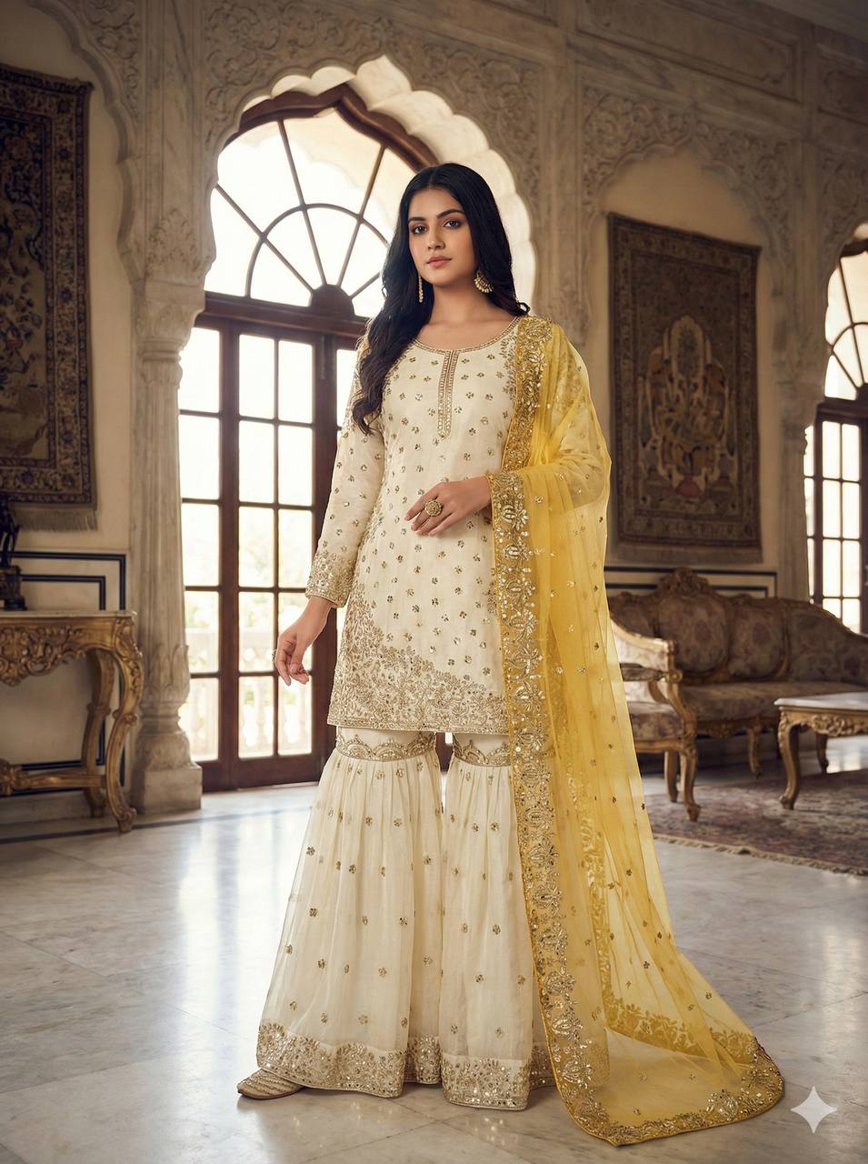 Elegant Fendy Silk Full Sleeves Sharara Suit With Yellow Dupatta