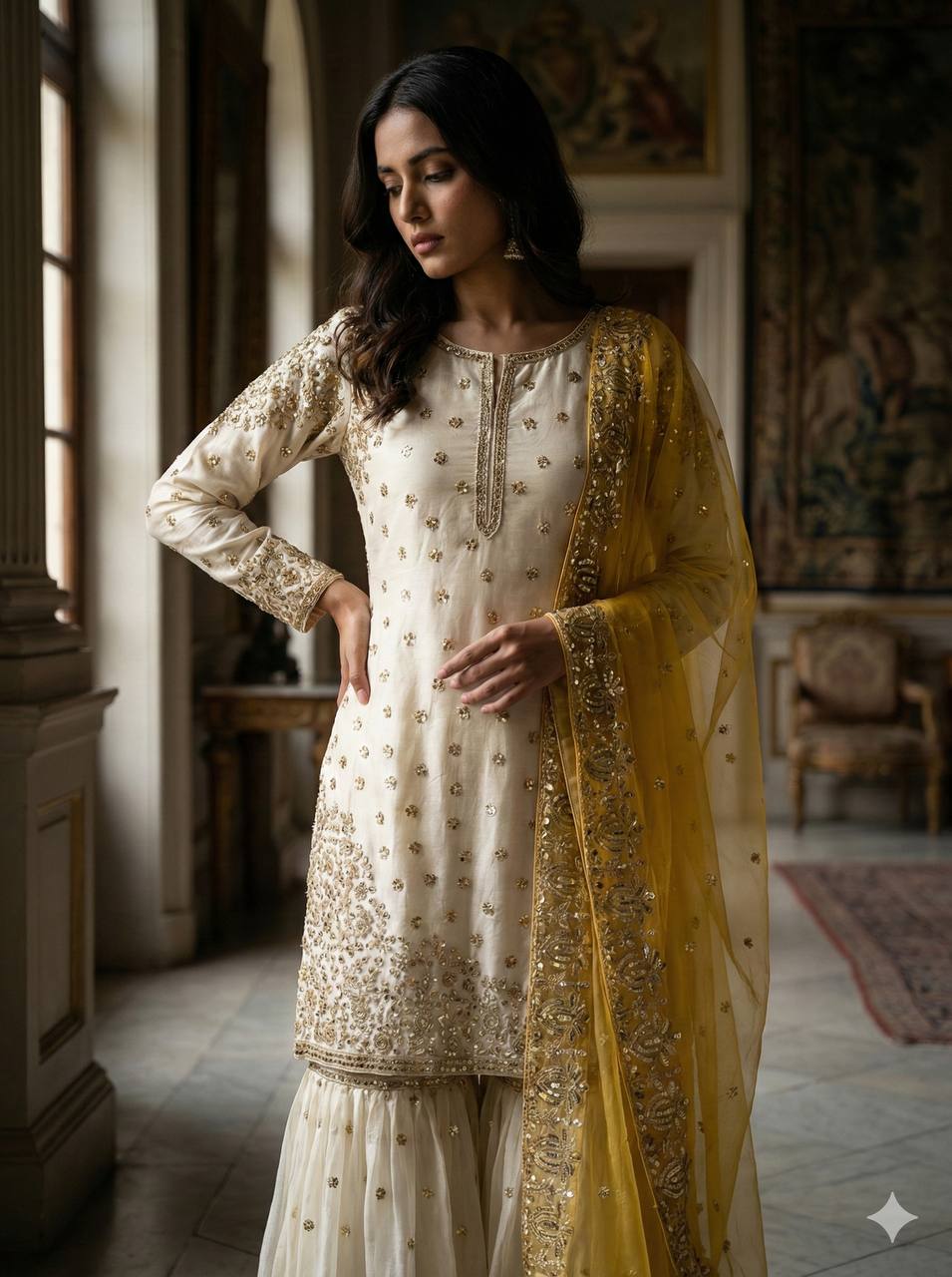 Elegant Fendy Silk Full Sleeves Sharara Suit With Yellow Dupatta