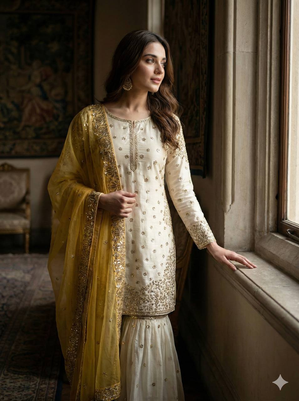 Elegant Fendy Silk Full Sleeves Sharara Suit With Yellow Dupatta