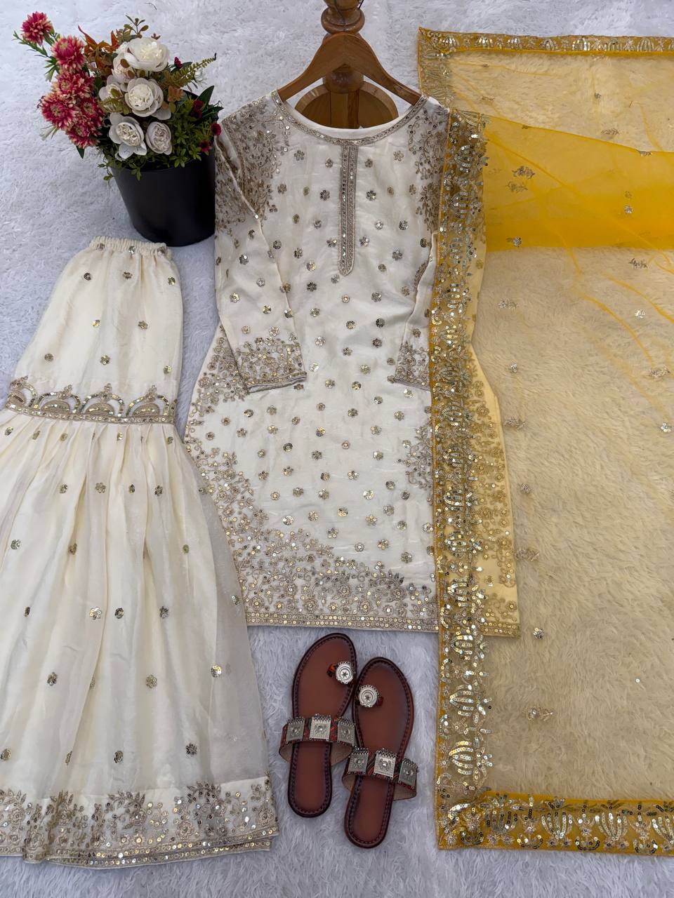 Elegant Fendy Silk Full Sleeves Sharara Suit With Yellow Dupatta