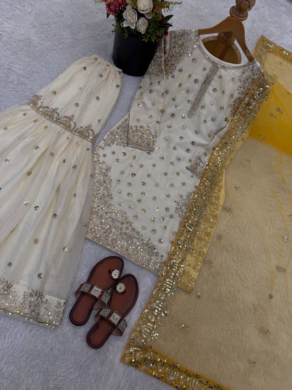 Elegant Fendy Silk Full Sleeves Sharara Suit With Yellow Dupatta