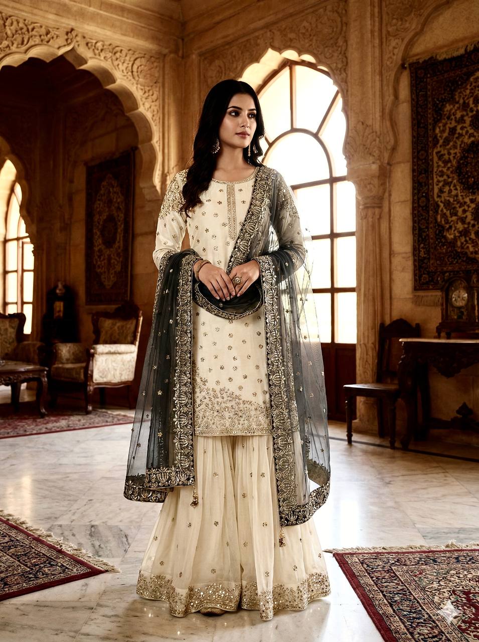 Elegant Fendy Silk Full Sleeves Sharara Suit With Black Dupatta