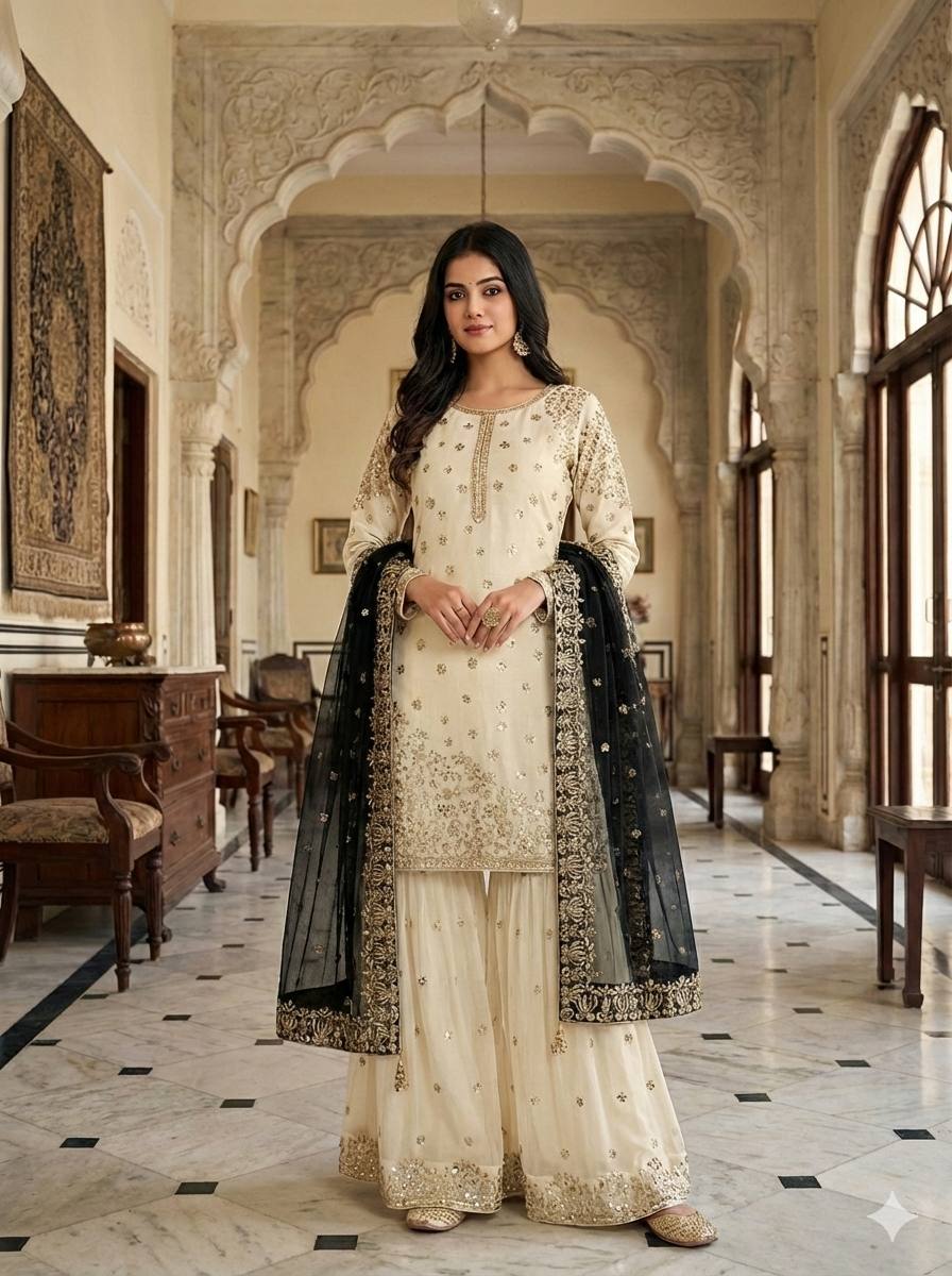 Elegant Fendy Silk Full Sleeves Sharara Suit With Black Dupatta