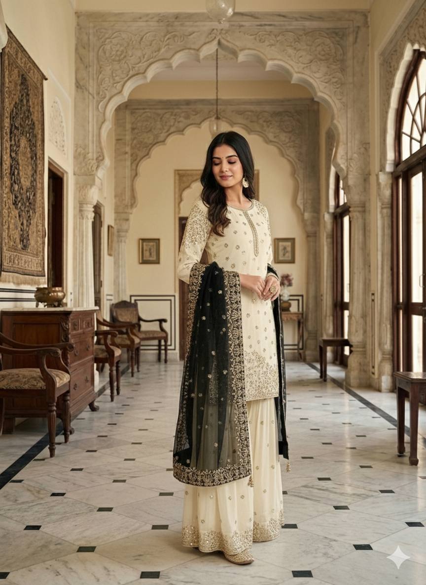 Elegant Fendy Silk Full Sleeves Sharara Suit With Black Dupatta