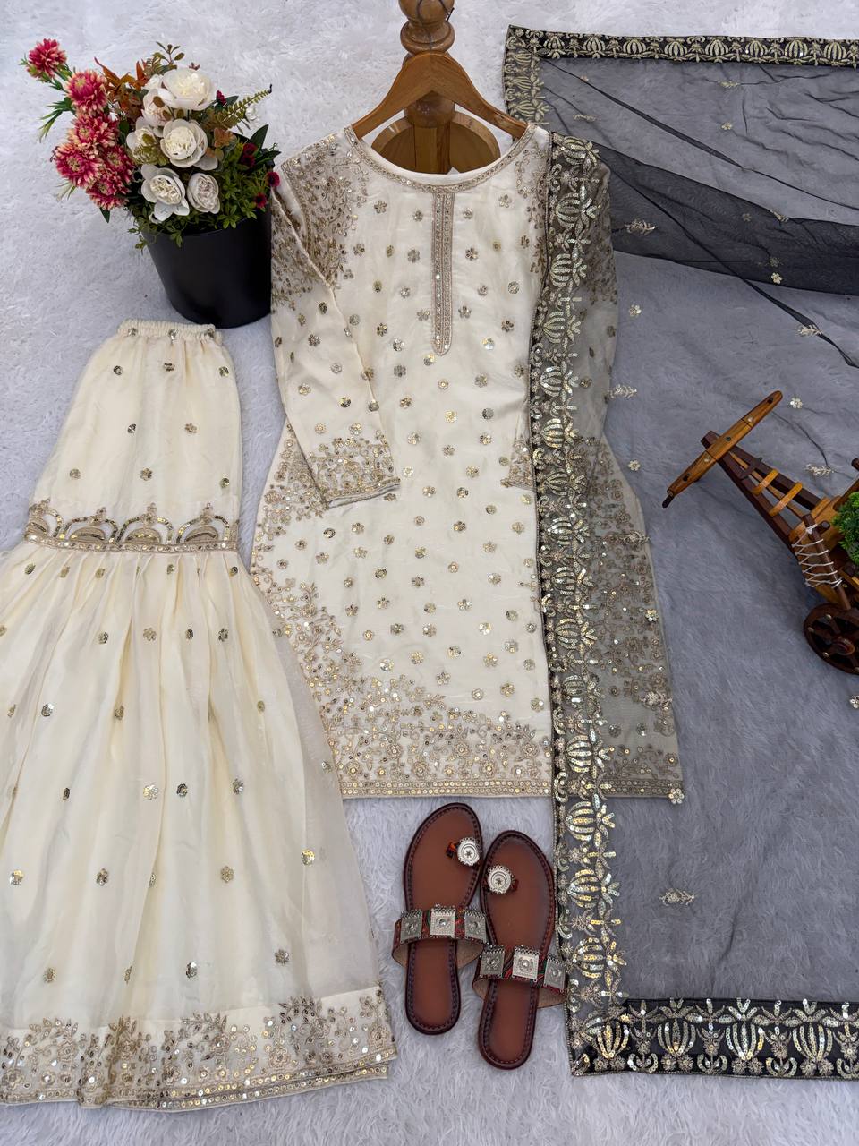 Elegant Fendy Silk Full Sleeves Sharara Suit With Black Dupatta