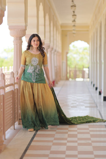 Festival Wear Yellow And Green Color Printed Embroidered Work Kurti Set