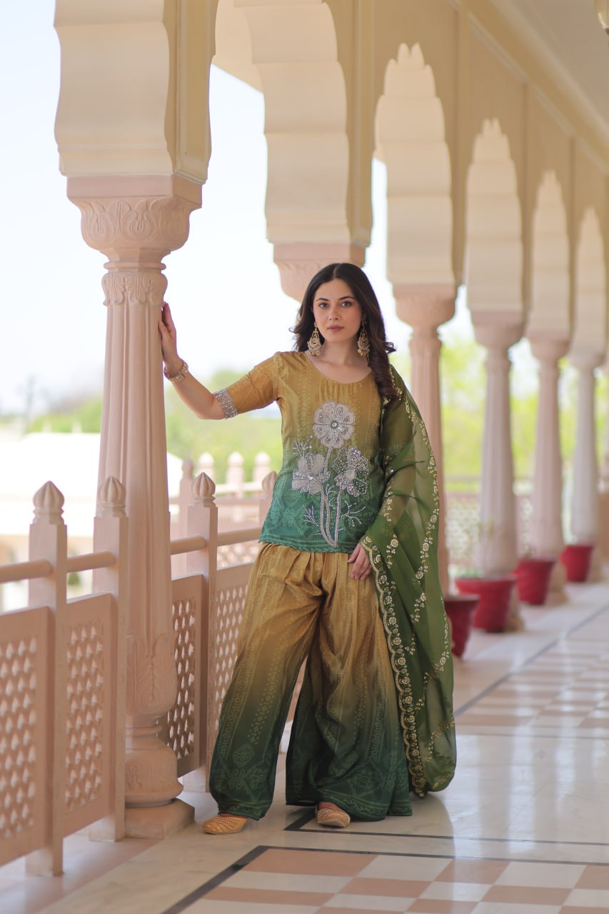 Festival Wear Yellow And Green Color Printed Embroidered Work Kurti Set
