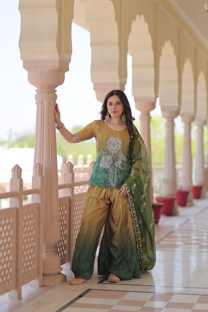 Festival Wear Yellow And Green Color Printed Embroidered Work Kurti Set