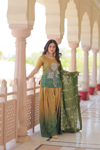 Festival Wear Yellow And Green Color Printed Embroidered Work Kurti Set
