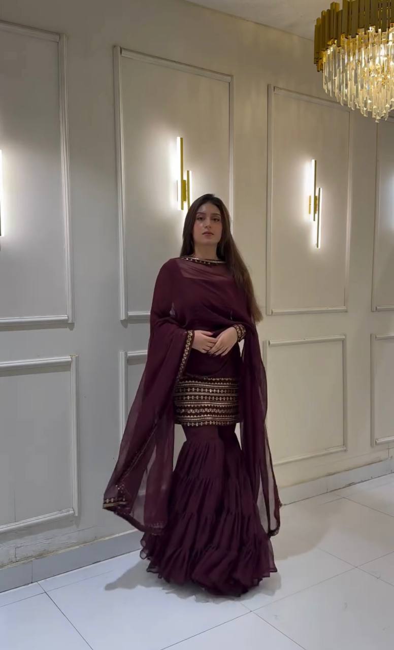 Superhit Wine Color Heavy Georgette Embroidery Sequence Work Sharara Suit