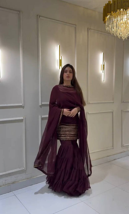 Superhit Wine Color Heavy Georgette Embroidery Sequence Work Sharara Suit