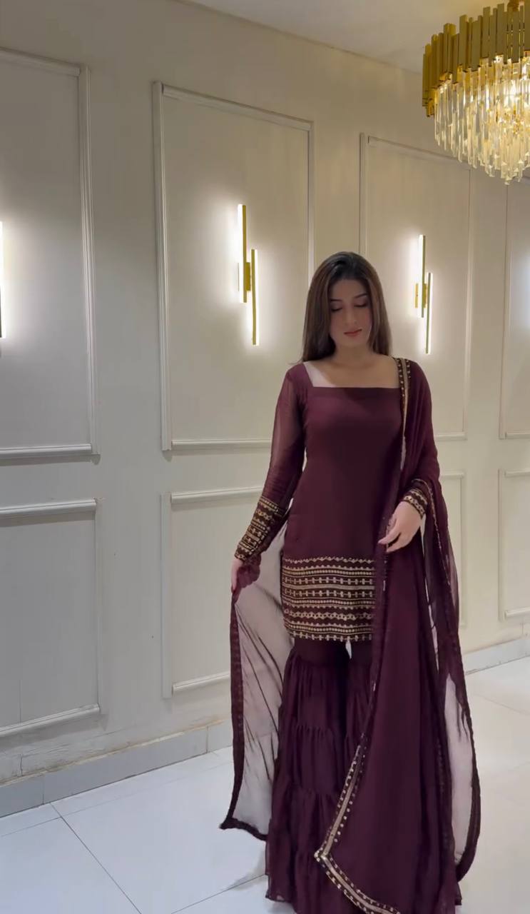 Superhit Wine Color Heavy Georgette Embroidery Sequence Work Sharara Suit