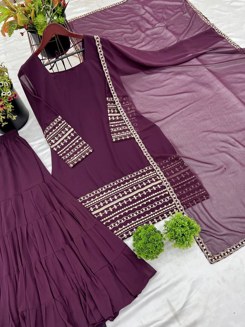 Superhit Wine Color Heavy Georgette Embroidery Sequence Work Sharara Suit