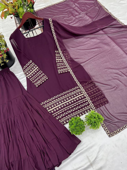 Superhit Wine Color Heavy Georgette Embroidery Sequence Work Sharara Suit