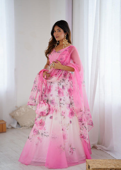 Pink Color Organza Silk Arti Chauhan Wear Fully Stiched Lehenga Choli With Potali Bag