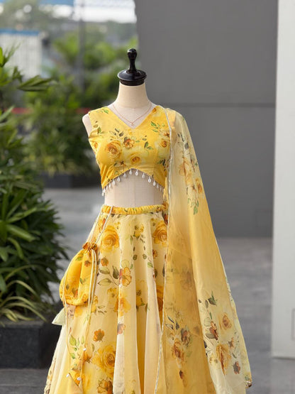 Yellow Color Organza Silk Fully Stiched Lehenga Choli With Potali Bag