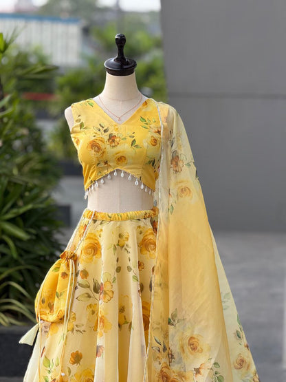 Yellow Color Organza Silk Fully Stiched Lehenga Choli With Potali Bag
