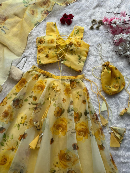 Yellow Color Organza Silk Fully Stiched Lehenga Choli With Potali Bag