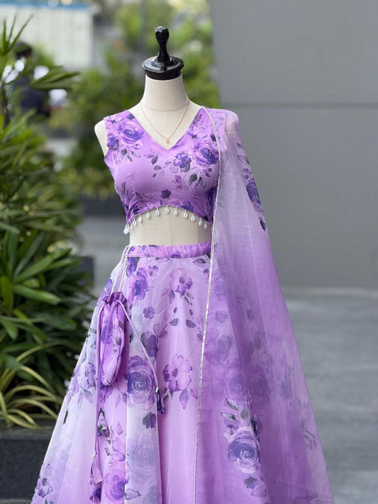 Lavender Color Organza Silk Fully Stiched Lehenga Choli With Potali Bag