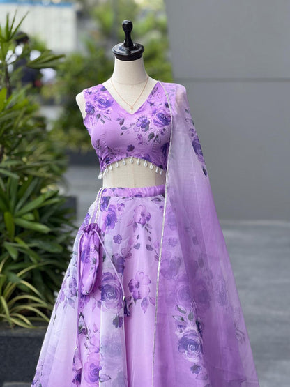 Lavender Color Organza Silk Fully Stiched Lehenga Choli With Potali Bag