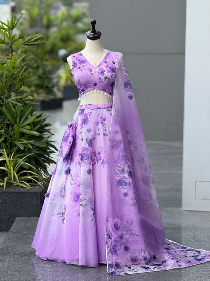 Lavender Color Organza Silk Fully Stiched Lehenga Choli With Potali Bag