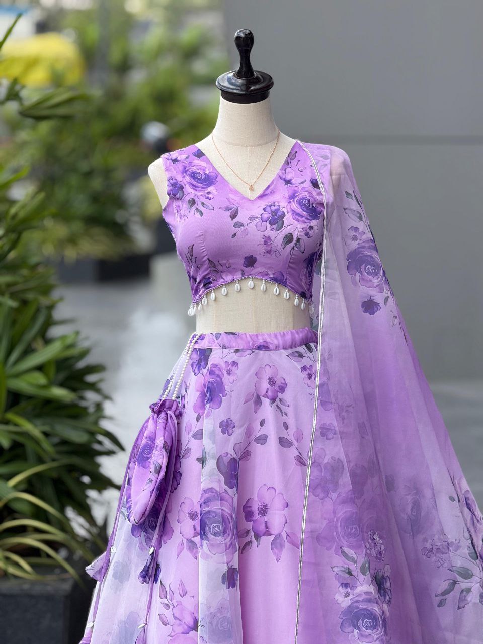 Lavender Color Organza Silk Fully Stiched Lehenga Choli With Potali Bag