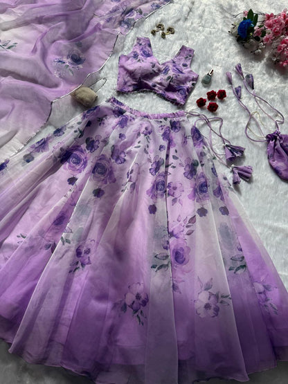 Lavender Color Organza Silk Fully Stiched Lehenga Choli With Potali Bag