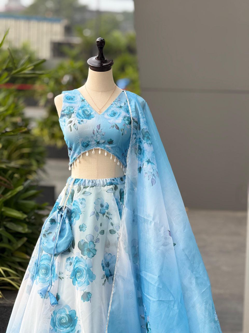 Sky Blue Color Organza Silk Fully Stiched Lehenga Choli With Potali Bag