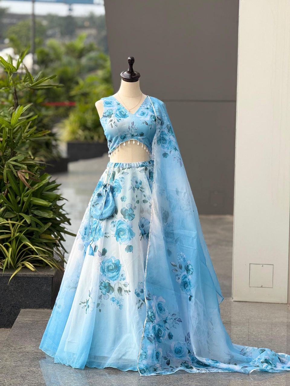 Sky Blue Color Organza Silk Fully Stiched Lehenga Choli With Potali Bag