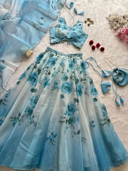 Sky Blue Color Organza Silk Fully Stiched Lehenga Choli With Potali Bag