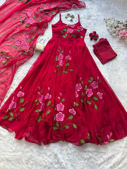 Designer Red Color Handpainted Georgette Anarkali Suit