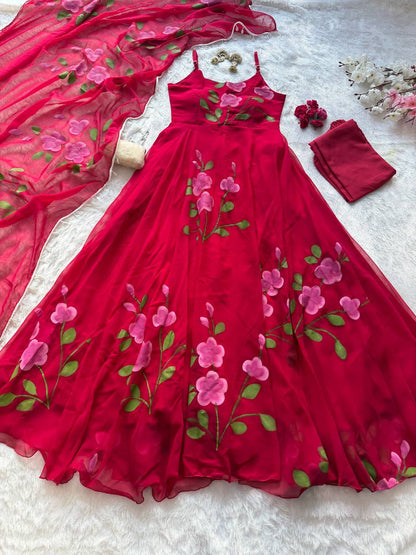 Designer Red Color Handpainted Georgette Anarkali Suit