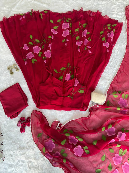 Designer Red Color Handpainted Georgette Anarkali Suit