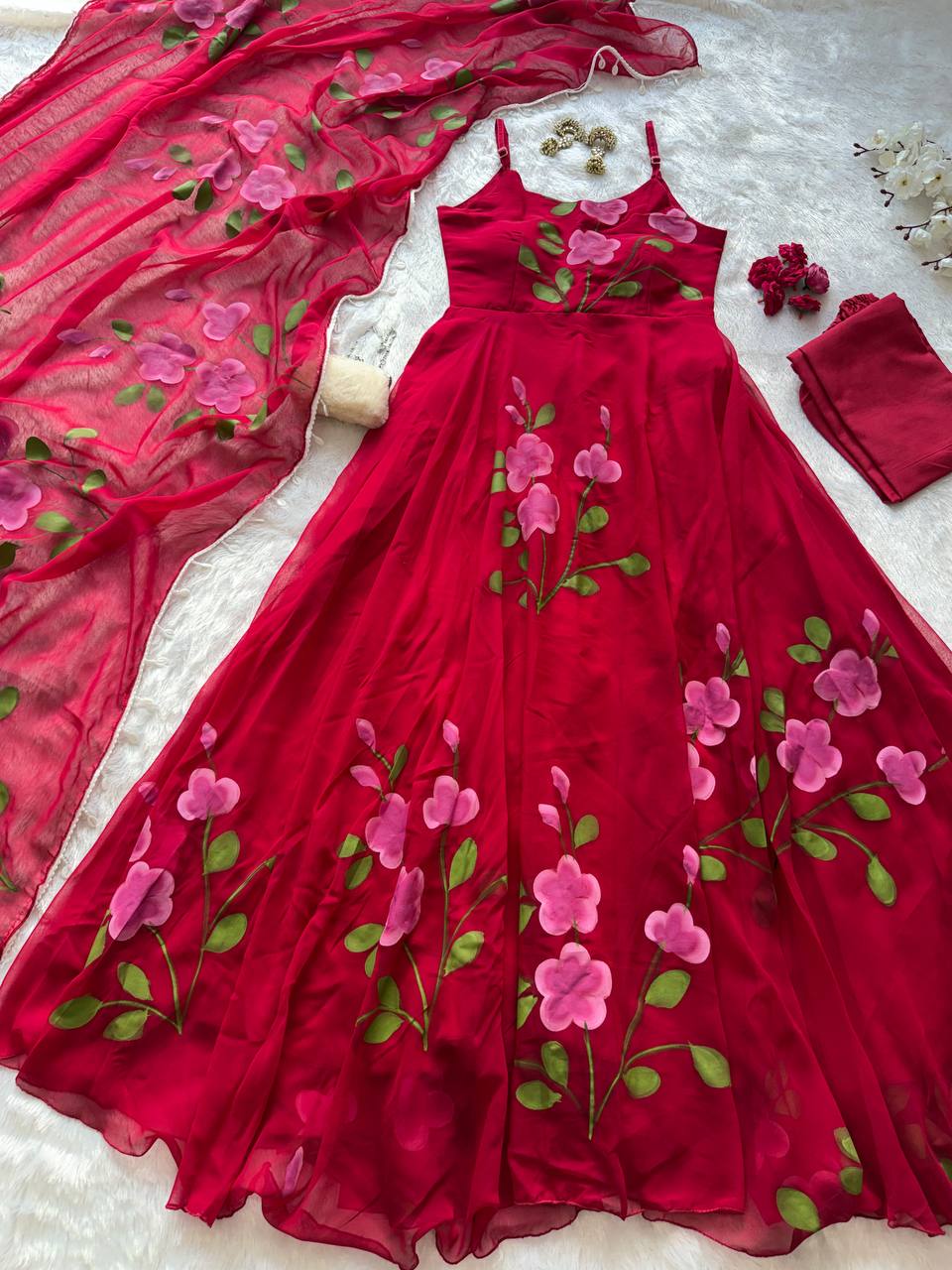 Designer Red Color Handpainted Georgette Anarkali Suit
