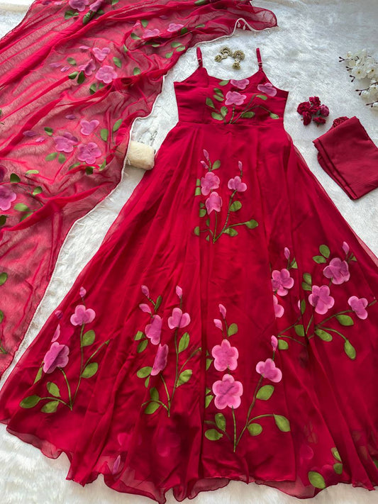 Designer Red Color Handpainted Georgette Anarkali Suit