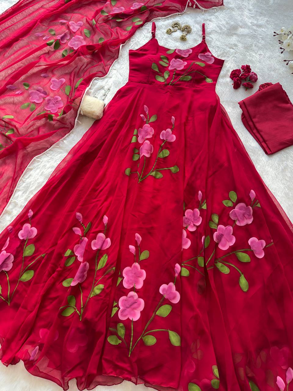 Designer Red Color Handpainted Georgette Anarkali Suit