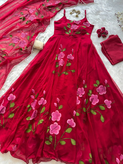 Designer Red Color Handpainted Georgette Anarkali Suit