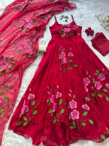 Designer Red Color Handpainted Georgette Anarkali Suit
