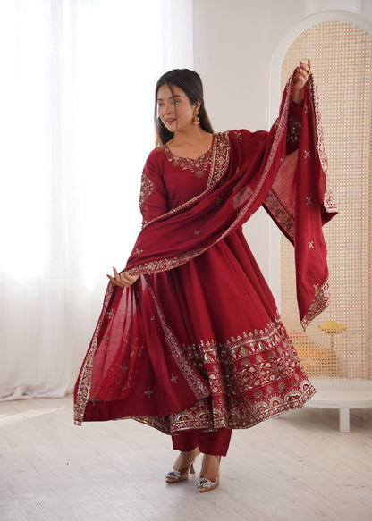 Wedding Wear Maroon Color Sequence Embroidered Anarkali Suit With Dupatta