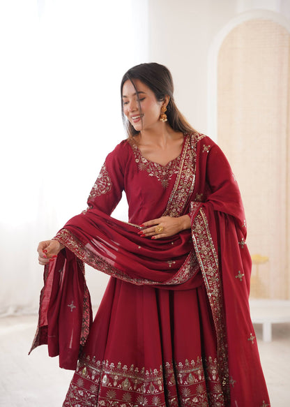 Wedding Wear Maroon Color Sequence Embroidered Anarkali Suit With Dupatta