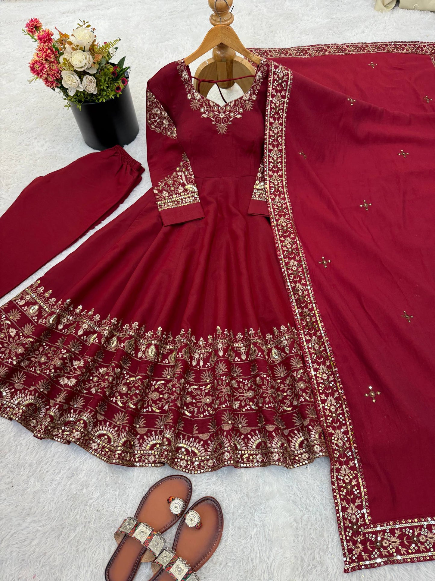 Wedding Wear Maroon Color Sequence Embroidered Anarkali Suit With Dupatta