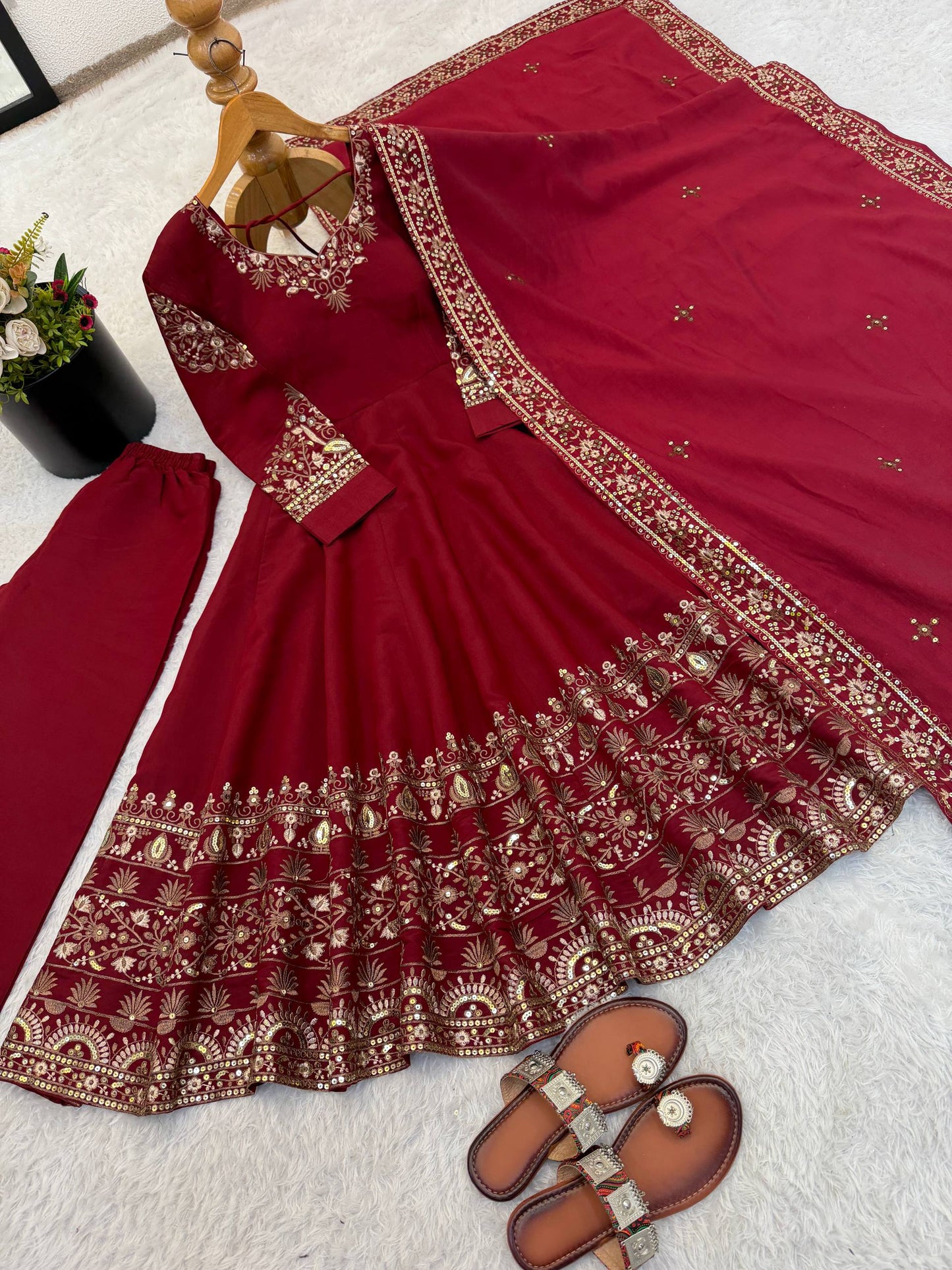 Wedding Wear Maroon Color Sequence Embroidered Anarkali Suit With Dupatta