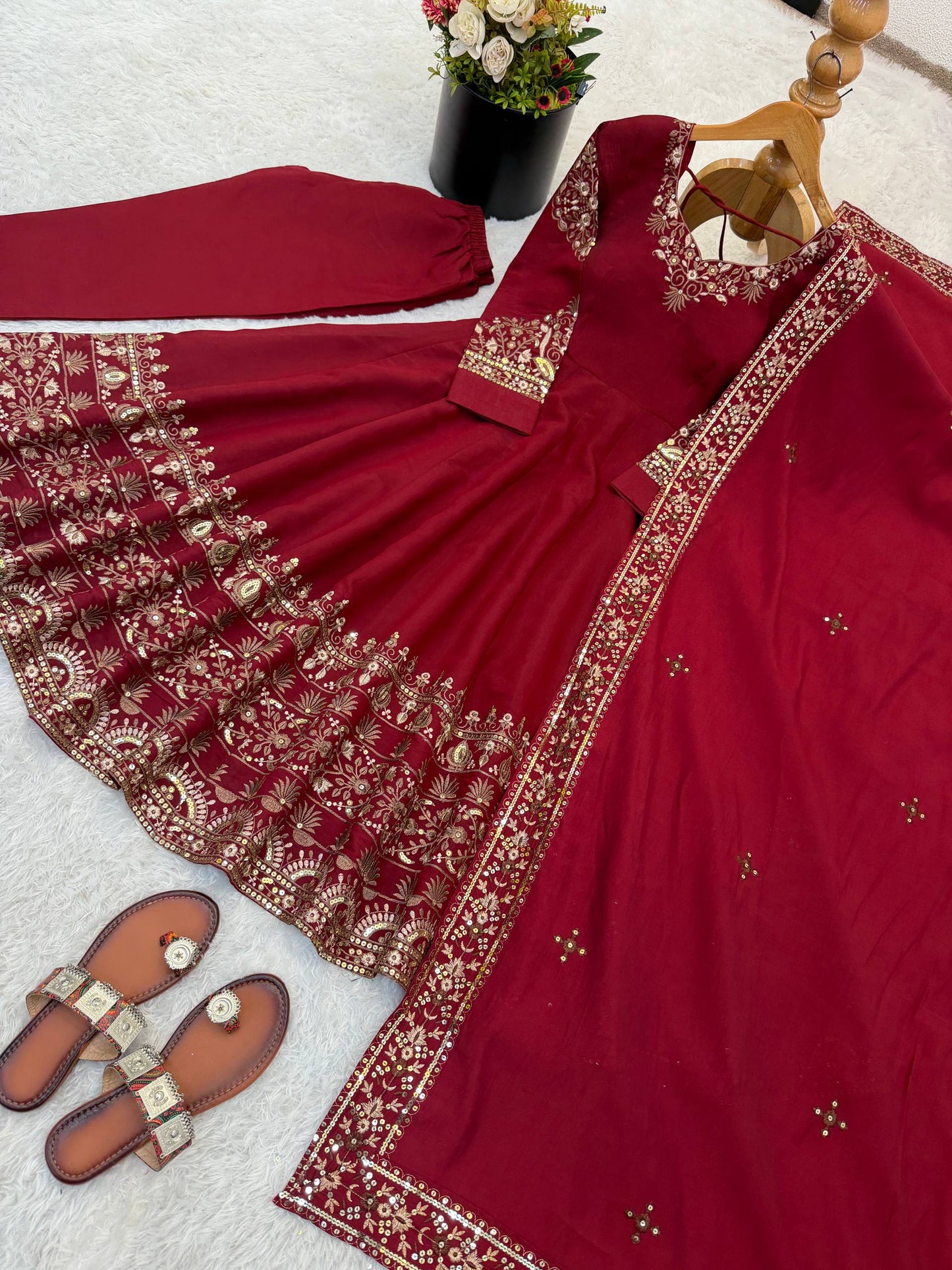 Wedding Wear Maroon Color Sequence Embroidered Anarkali Suit With Dupatta