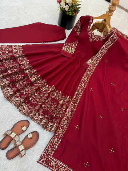 Wedding Wear Maroon Color Sequence Embroidered Anarkali Suit With Dupatta
